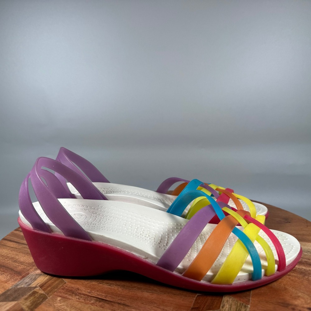 Crocs Huarache Mini Wedge Sandals Womens 8 Multi Color Rainbow Strappy Pink